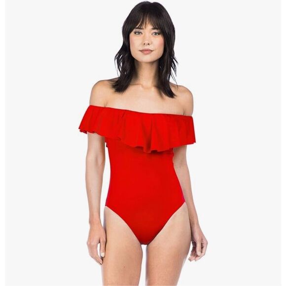 Trina Turk Womens Monaco Off The Shoulder One‎ Piece Swimsuit Red Size 6 - Picture 1 of 10